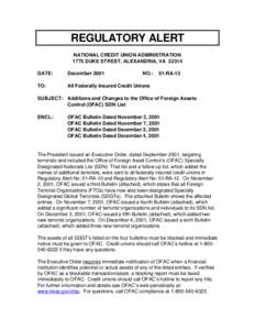 REG ALERT-Additions and Changes to the Office of Foreign Assets Control (OFAC) SDN List, #01-RA-13