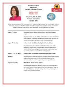 ShopRite of Colonie August 2014 LiveRight Calendar of Events Back to School Kids Can Cook Amy Imler, MS, RD, CDN