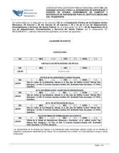 CONVOCATORIA LICITACIÓN PÚBLICA NACIONAL MIXTA NO. LA009A00001-N19-2015 PARA LA ADQUISICIÓN DE MATERIALES Y EQUIPOS DE OFICINA, CONSUMIBLES DE CÓMPUTO Y MATERIALES DE REPARACIÓN PARA EL INSTITUTO MEXICANO DEL TRANSP