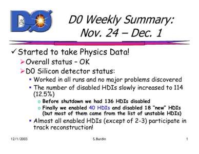 D0 Weekly Summary: Nov. 24 – Dec. 1 9Started to take Physics Data! ¾Overall status – OK ¾D0 Silicon detector status: