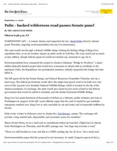 Palin - backed wilderness road passes Senate panel - NYTimes.com[removed]:26 AM September 11, 2008