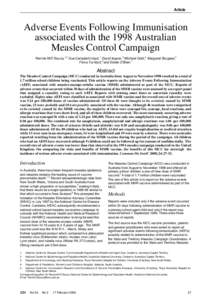 Article  Adverse Events Following Immunisation associated with the 1998 Australian Measles Control Campaign Rennie M D’Souza,1,2 Sue Campbell-Lloyd, 1 David Isaacs, 3 Michael Gold,4 Margaret Burgess,5