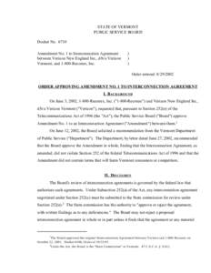 STATE OF VERMONT PUBLIC SERVICE BOARD Docket No[removed]Amendment No. 1 to Interconnection Agreement between Verizon New England Inc., d/b/a Verizon Vermont, and[removed]Reconex, Inc.