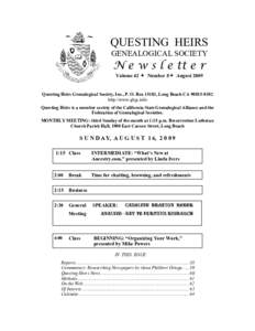 QUESTING HEIRS GENEALOGICAL SOCIETY N e w s l e tt e r Volume 42  Number 8 August 2009