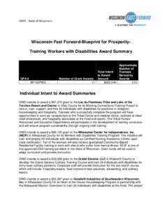 DWD - State of Wisconsin  Wisconsin Fast Forward-Blueprint for ProsperityTraining Workers with Disabilities Award Summary GPA # BP142PWD