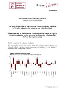 10 AprilIndustrial Production Index (IPI). Base 2010 FebruaryProvisional data  The monthly variation of the Industrial Production Index stands at