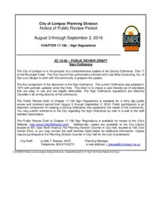 City of Lompoc Planning Division  Notice of Public Review Period August 3 through September 2, 2016 CHAPTER – Sign Regulations
