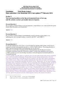 NSW State Election March 2015 Blue Mountains Conservation Society Environmental Questionnaire to Candidates Candidate: Trish Doyle (Labor)