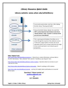 Library Resource Quick Guide Library website: www.arbor.edu/whitelibrary If you need journal articles, start here. After clicking this link, choose “Nursing and Health.” Choose this link for books, eBooks, CDs, and D