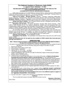 The National Academy of Sciences, India (NASI) 5, Lajpatrai Road, Allahabad – NASI-RELIANCE INDUSTRIES PLATINUM JUBILEE AWARDS FOR THE YEAR 2015 FOR APPLICATION ORIENTED INNOVATIONS COVERING BOTH PHYSICAL AND BI