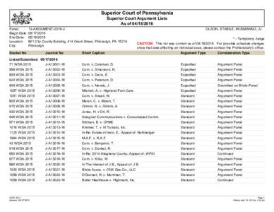 Superior Court of Pennsylvania Superior Court Argument Lists As ofPanel: Begin Date: End Date: