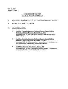 July 25, 2007  TENTATIVE BOROUGH OF RAMSEY COUNCIL MEETING SCHEDULE