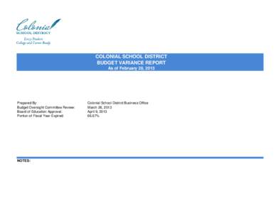 COLONIAL SCHOOL DISTRICT BUDGET VARIANCE REPORT As of February 28, 2013 Prepared By: Budget Oversight Committee Review: