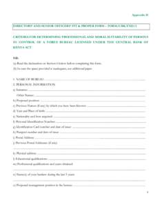 Appendix II DIRECTORS’ AND SENIOR OFFICERS’ FIT & PROPER FORM – FORM/CBK/FXD/2 CRITERIA FOR DETERMINING PROFESSIONAL AND MORAL SUITABILITY OF PERSONS IN CONTROL OF A FOREX BUREAU LICENSED UNDER THE CENTRAL BANK OF 