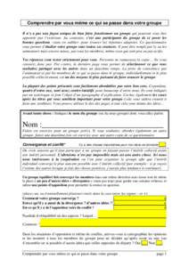 Comprendre par vous même ce qui se passe dans votre groupe Il n’y a pas une façon unique de bien faire fonctionner un groupe qui pourrait vous être apportée par l’extérieur. Au contraire, c’est aux participant