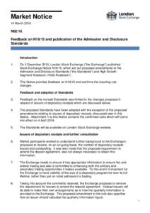Market Notice 14 March 2016 N02/16 Feedback on N19/15 and publication of the Admission and Disclosure Standards