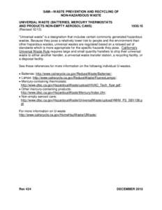 SAM—WASTE PREVENTION AND RECYCLING OF NON-HAZARDOUS WASTE UNIVERSAL WASTE (BATTERIES, MERCURY THERMOSTATS AND PRODUCTS NON-EMPTY AEROSOL CANS) (Revised 12/13)