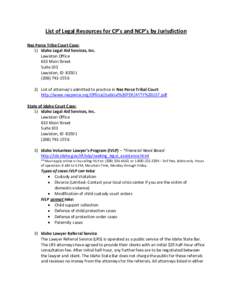 List of Legal Resources for CP’s and NCP’s by Jurisdiction Nez Perce Tribe Court Case: 1) Idaho Legal Aid Services, Inc. Lewiston Office 633 Main Street Suite 103