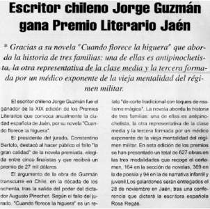 Escritor chileno Jorge Guzman gana Premio Literario Jaen * Gracias a su novela 