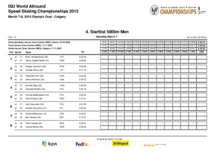 ISU World Allround Speed Skating Championships 2015 March 7-8, 2015 Olympic Oval - Calgary 4. Startlist 5000m Men Saturday March 7