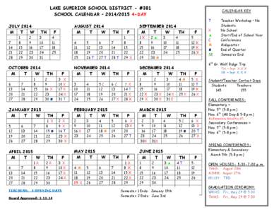 LAKE SUPERIOR SCHOOL DISTRICT - #381 SCHOOL CALENDAR – [removed]DAY CALENDAR KEY T