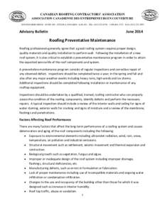 CANADIAN ROOFING CONTRACTORS’ ASSOCIATION ASSOCIATION CANADIENNE DES ENTREPRENEURS EN COUVERTURE 2430 DON REID DRIVE · SUITE[removed]OTTAWA, ONTARIO · K1H 1E1 · TEL: ([removed] · [removed] · FAX: ([removed]-