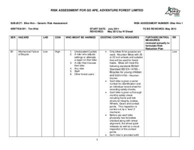 RISK ASSESSMENT FOR GO APE, ADVENTURE FOREST LIMITED  SUBJECT: Bike Hire – Generic Risk Assessment WRITTEN BY: Tim Wild  RISK ASSESSMENT NUMBER: Bike Hire 1