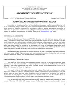 STATE OF NORTH CAROLINA DEPARTMENT OF CULTURAL RESOURCES OFFICE OF ARCHIVES AND HISTORY ARCHIVES INFORMATION CIRCULAR Number[removed]CFWC/DRL Revised February[removed]LO)