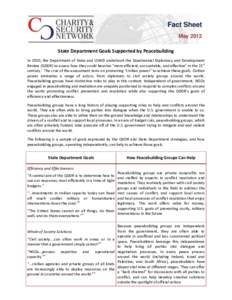 Fact Sheet May 2012 State Department Goals Supported by Peacebuilding In 2010, the Department of State and USAID undertook the Quadrennial Diplomacy and Development Review (QDDR) to assess how they could become “more e