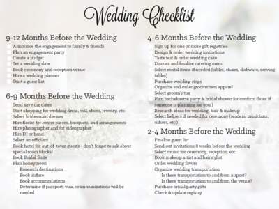 Wedding ChecklistMonths Before the Wedding Announce the engagement to family & friends Plan an engagement party Create a budget