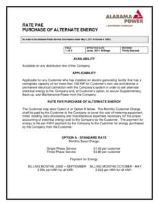 RATE PAE PURCHASE OF ALTERNATE ENERGY By order of the Alabama Public Service Commission dated May 3, 2011 in Docket # [removed]PAGE