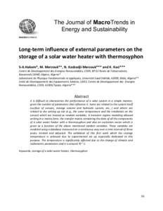 The Journal of MacroTrends in Energy and Sustainability MACROJOURNALS Long-term influence of external parameters on the storage of a solar water heater with thermosyphon