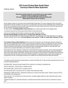 2012 Annual Drinking Water Quality Report Township of Reserve Water Department PWSID NoEste informe contiene información muy importante sobre su agua de beber. Tradúzcalo ó hable con alguien que lo entienda 