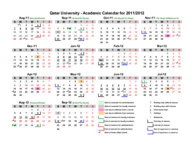 Qatar University - Academic Calendar for[removed]Aug-11 (Ramadan/Shawal) S Sep-11 (Shawal/Thu Alquda)