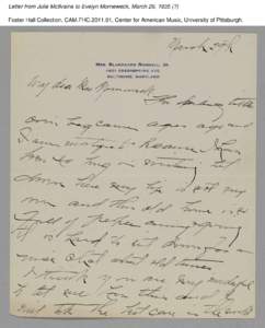 Letter from Julie McIlvaine to Evelyn Morneweck, March 29, 1935 (?) Foster Hall Collection, CAM.FHC[removed], Center for American Music, University of Pittsburgh. Letter from Julie McIlvaine to Evelyn Morneweck, March 29