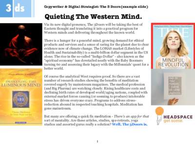 Copywriter & Digital Strategist: The 3 Doors(example slide)  Quieting The Western Mind. Via its new digital presence, The 3Doors will be taking the best of Eastern thought and translating it into a practical program for 