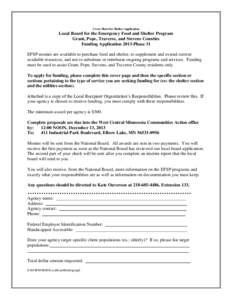 Cover Sheet for Shelter Application  Local Board for the Emergency Food and Shelter Program Grant, Pope, Traverse, and Stevens Counties Funding Application 2013-Phase 31 EFSP monies are available to purchase food and she