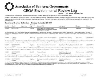 CEQA Environmental Review Log Issue No: 372  Monday, September 15, 2014