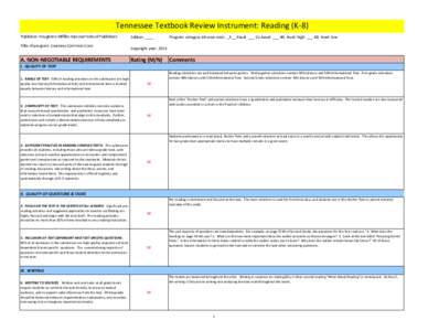 Tennessee Textbook Review Instrument: Reading (K-8) Publisher: Houghton Mifflin Harcourt School Publishers Title of program: Journeys Common Core A. NON-NEGOTIABLE REQUIREMENTS