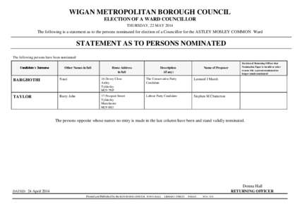 WIGAN METROPOLITAN BOROUGH COUNCIL ELECTION OF A WARD COUNCILLOR THURSDAY, 22 MAY 2014 The following is a statement as to the persons nominated for election of a Councillor for the ASTLEY MOSLEY COMMON Ward