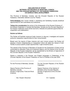LETTER OF INTENT BETWEEN THE PROVINCE OF MANITOBA, CANADA AND THE REPUBLIC OF CHUVASHIA, RUSSIA