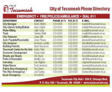 City of Tecumseh Phone Directory EMERGENCY • FIRE/POLICE/AMBULANCE • DIAL 911  DEPARTMENT
