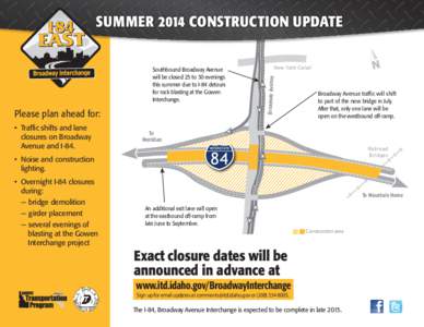 SUMMER 2014 CONSTRUCTION UPDATE  Please plan ahead for: • Traffic shifts and lane closures on Broadway Avenue and I-84.