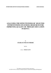 INTERNATIONAL INSTITUTE FOR EDUCATIONAL PLANNING  UNESCO-IIEP/2012 ANALYSING THE EFFECTIVENESS OF SELECTED INTERVENTIONS ON SCHOOL RESOURCES FOR