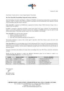 October 25, 2010  Dear Parent / Teacher-advisor / Coach / Squad Captain / Cheerleader, Re: Cheer Jam 2010 Cheerleading Camp and Coaches Conference The Cheerleading Association and Register of Malaysia (CHARM), the nation