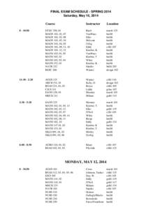 FINAL EXAM SCHEDULE - SPRING 2014 Saturday, May 10, 2014 Course