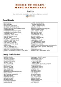 Shire of Derby/ West Kimberley Road List Please Note: The Gibb River Road and Great Northern Highway are maintained by  Rural Roads