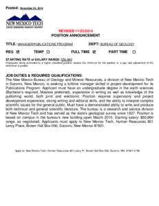 Posted:  November 25, 2014 REVISED[removed]POSITION ANNOUNCEMENT