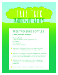 TREE TREASURE BOT TLES Create your own at home! What you’ll need A clean clear bottle or jar with a tight-sealing cap Hot glue gun Water or baby oil