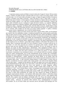 1 Riccardo Bruscagli INTRODUZIONE ALLA LETTURA DI GALATEA RANZI SUL TEMA L’AMORE L’esperienza umana e poetica di Dante si inscrive tutta sotto il segno di Amore. Dal suo primo sonetto, o almeno, da quello che egli ci